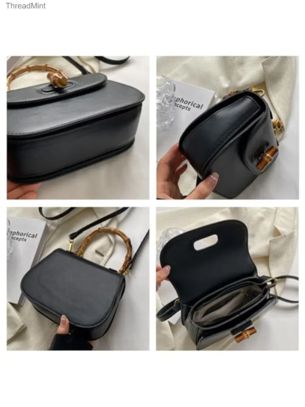 Leather Bamboo Handle Satchel Crossbody Bag Top Handle Shoulder Purse